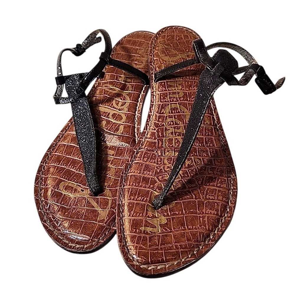 Sam Edelman Womens Shoes Flats Sandals Black Glitter Gigi‎ Buckle Thong Straps 8